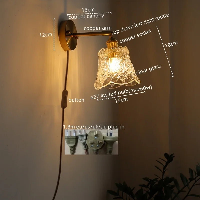Vintage LED Wall Light Glass Copper Applique Da Parete