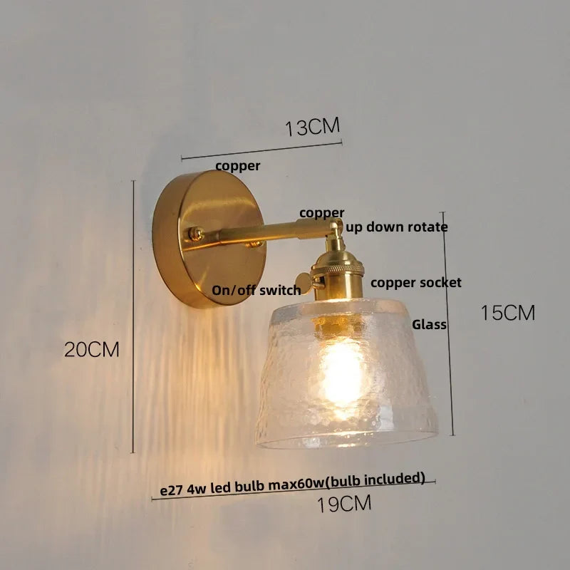 Clear Glass LED Wall Lights Brass E27 Pull Chain Switch Bedside Lamp