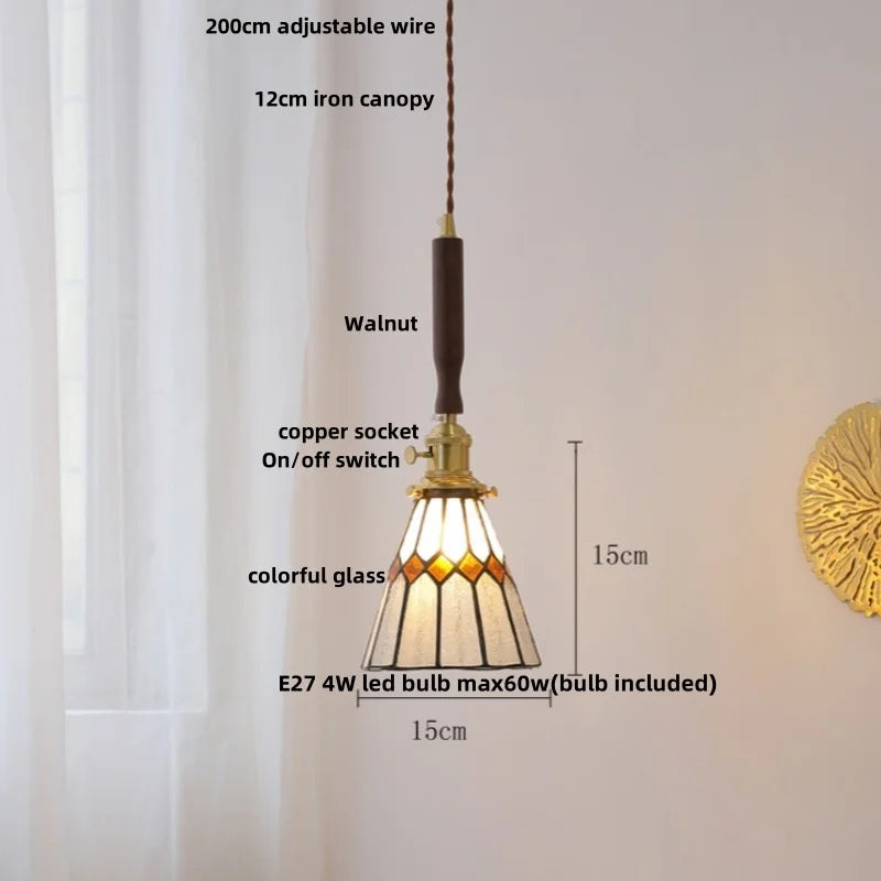 Amber Glass LED Pendant Light, Nordic Modern Design, Walnut Wood, Dining Living Room Lighting