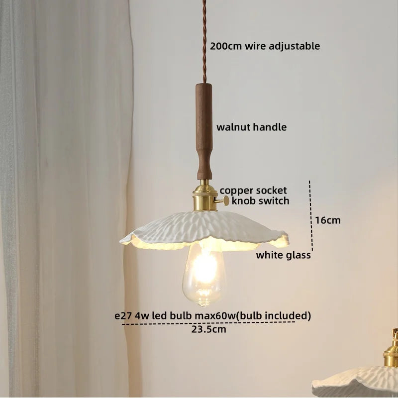Amber Glass LED Pendant Light with Walnut Handle for Dining Living Room