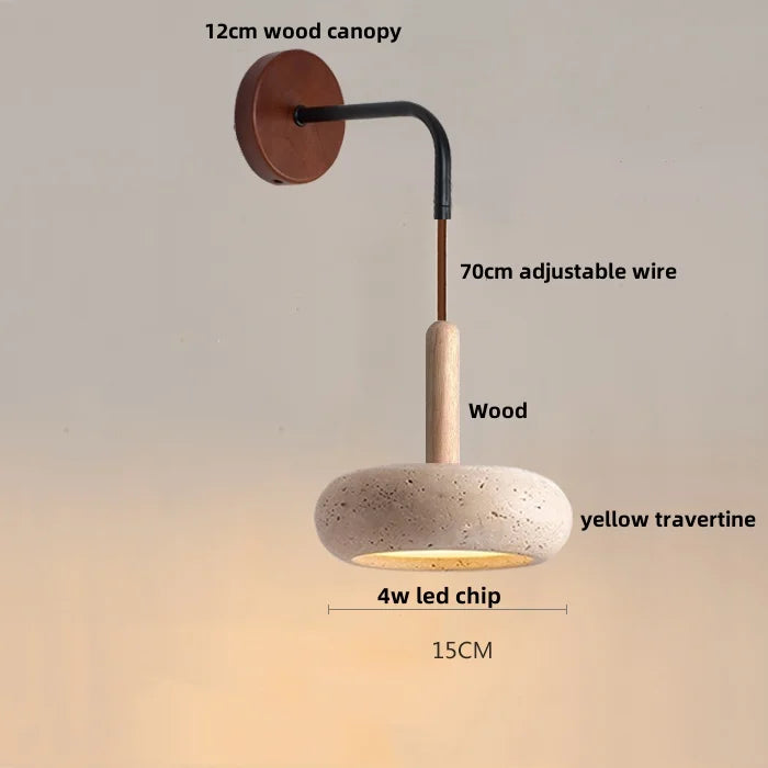Nordic LED Wood Wall Sconce Yellow Travertine Bedside Lamp for Modern Home