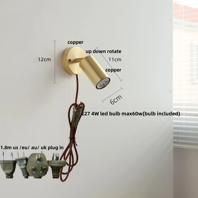 Nordic Copper Lampshade LED Wall Sconce with Pull Chain Switch