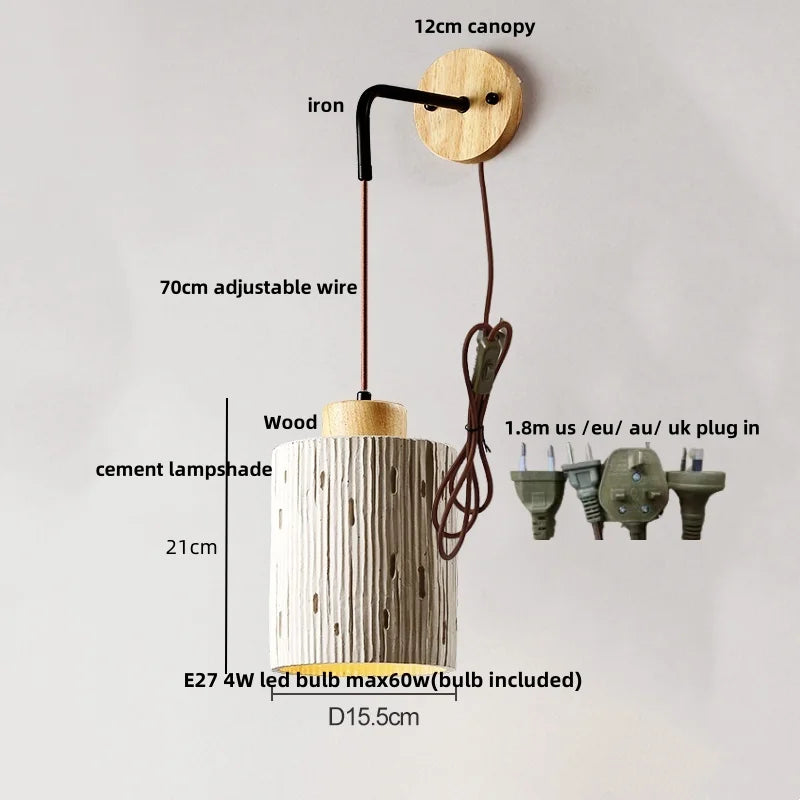 Adjustable Wall Lights Pull Chain Switch Wood Socket Cement Modern Bedside Lamp