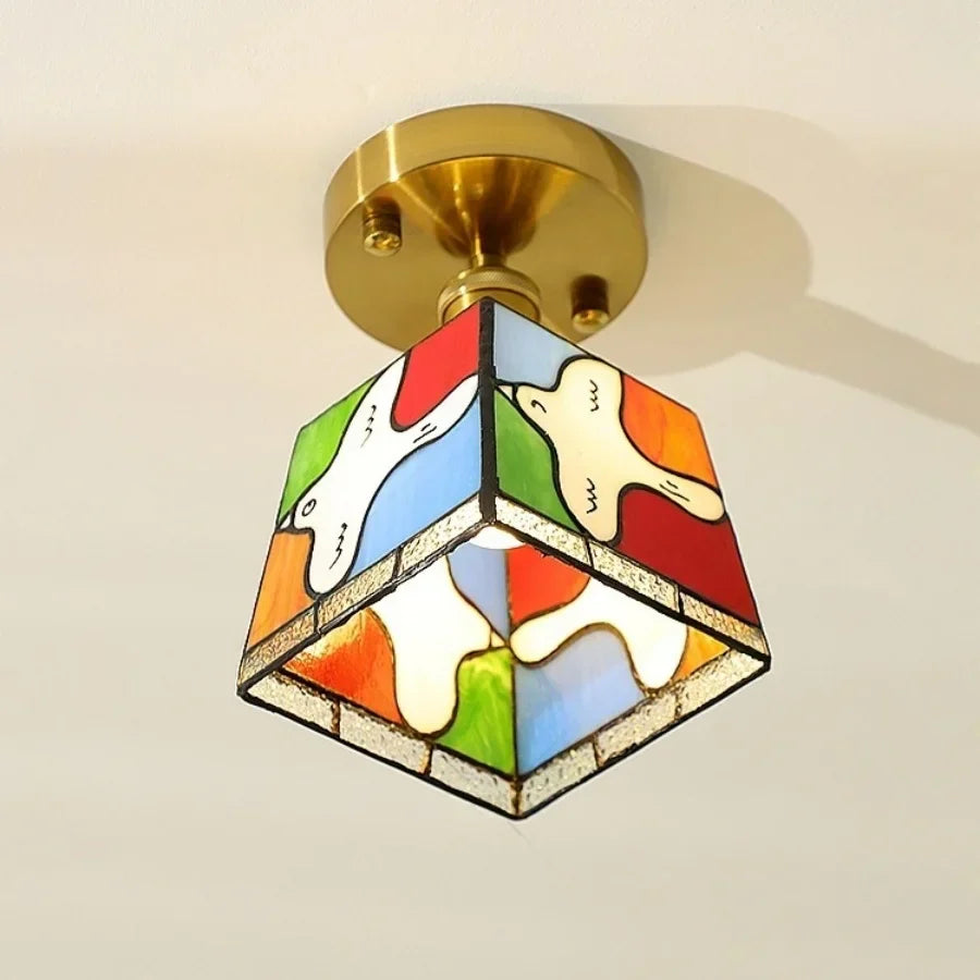 Tiffany Cube Glass LED Ceiling Lamp Copper Canopy Flush Mount Light