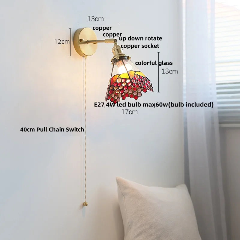 Glass LED Wall Light Tiffany Style Sconce, Pull Chain Switch, Colorful Design