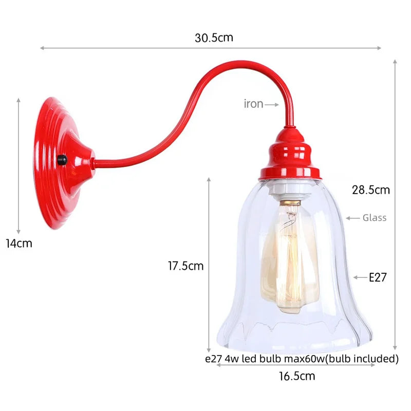 Afralia™ Edison Red LED Wall Lights - Iron Industrial Vintage Bedside Lamp