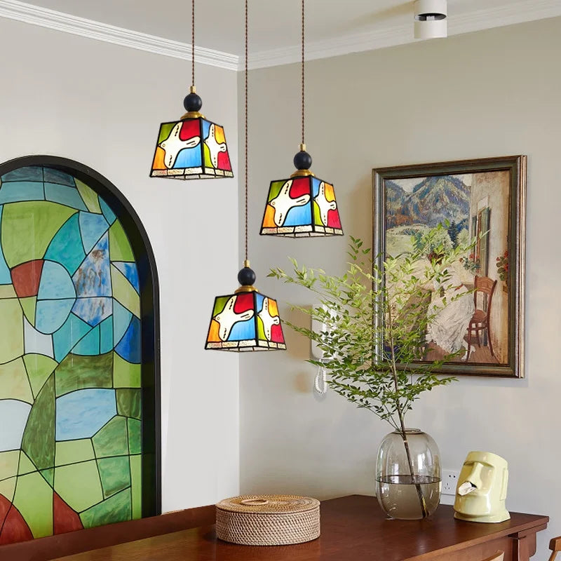 Peace Dove Glass Pendant Light Fixture Wood Copper Tiffany Style LED Hanging Lamp