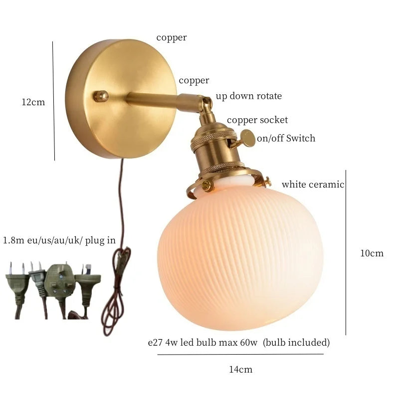 White Ceramic Ball LED Wall Lamp - Japanese Vintage Wall Sconce Lighting