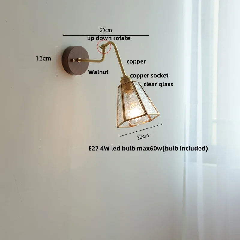 Copper Rotate Arm LED Wall Light: Clear Glass Walnut Bedside Lamp