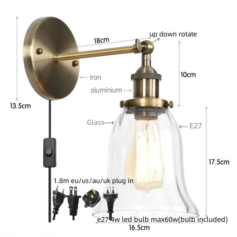 Industrial Clear Glass Wall Sconce Light for Stair, Foyer, Bedroom.