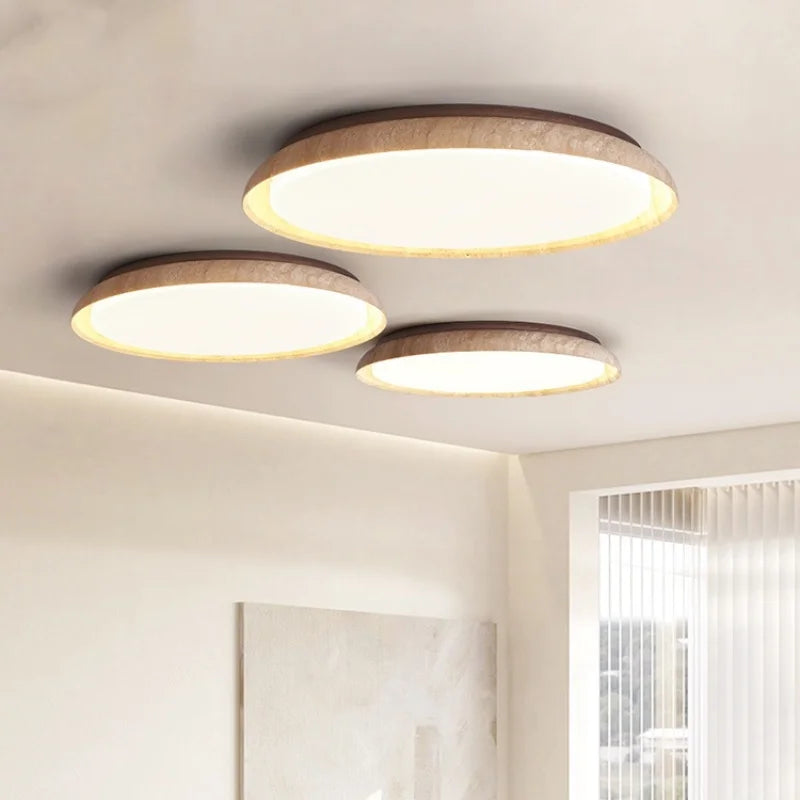 Yellow Travertine Stone LED Ceiling Lamp with Wood Canopy