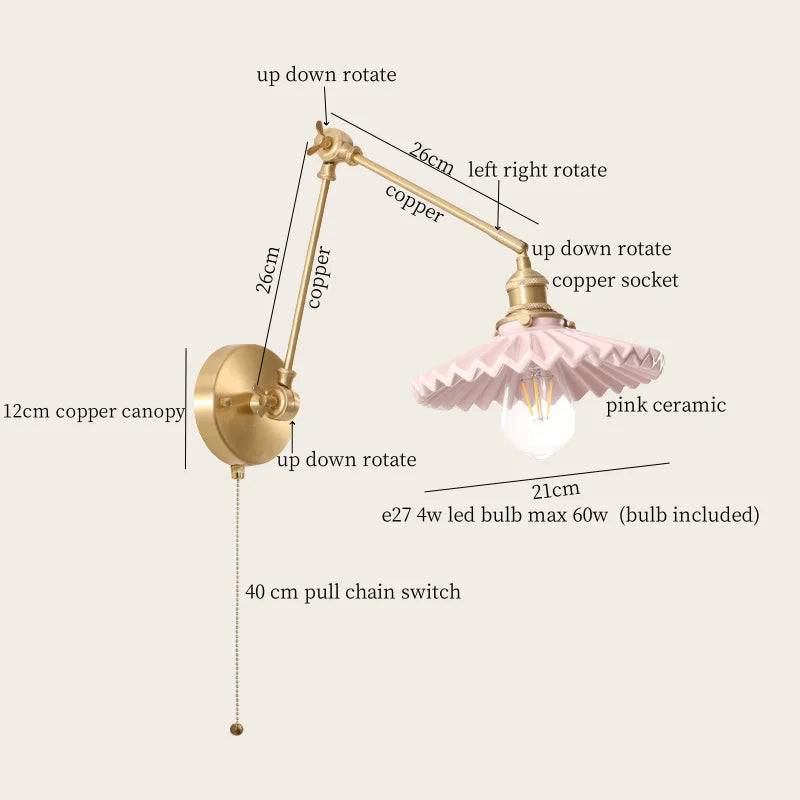 Afralia™ Cream Resin LED Wall Lights with Pull Chain Switch - Vintage Copper Bedside Lamp