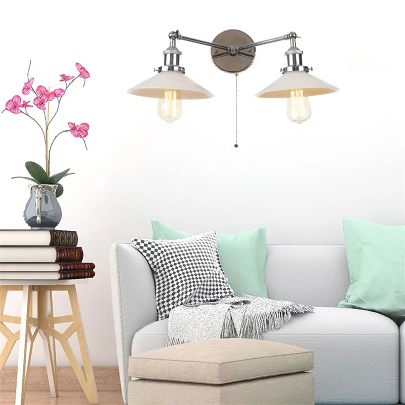 Glass 2-Light Wall Sconce with Pull Chain Switch for Bedroom and Bathroom