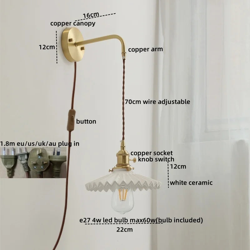 Ceramic Copper LED Wall Lamp with Pull Chain Switch for Modern Style Interiors