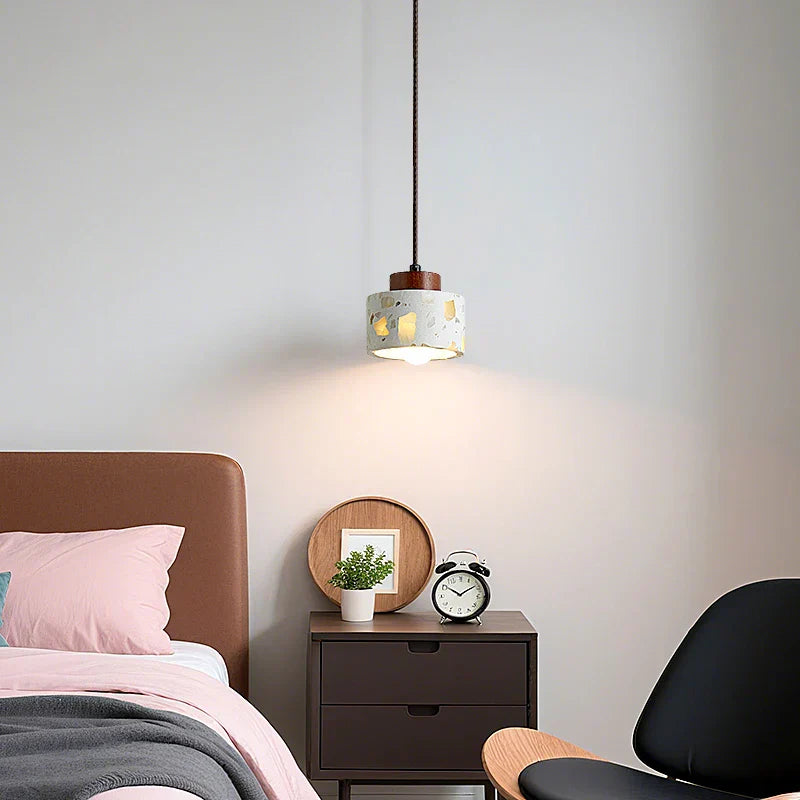 Terrazzo Brown Wood LED Pendant Light Fixture Stone Hanging Lamp