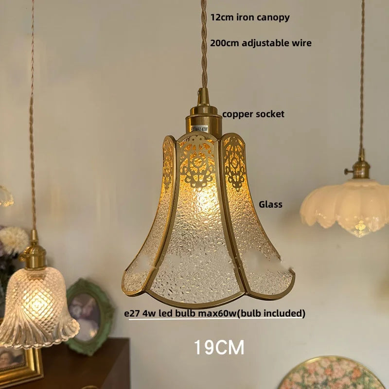 Walnut Wood & Copper Glass Pendant Light Fixture, LED Dining Room Luminaire