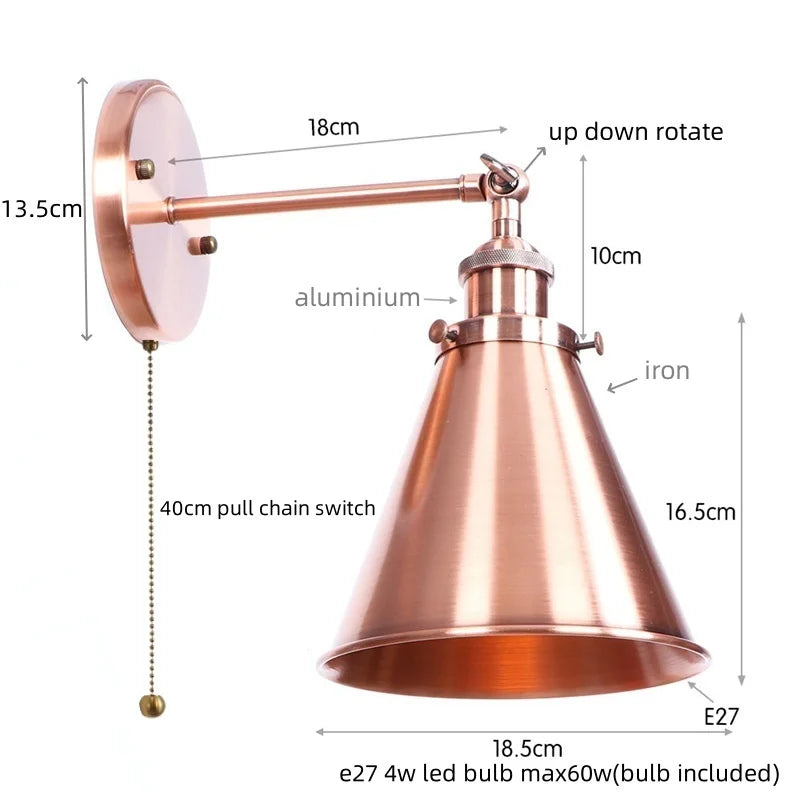 Afralia™ Vintage LED Wall Lights Pull Chain Lens Stair Aisle Bedside Lamp Iron Lightings