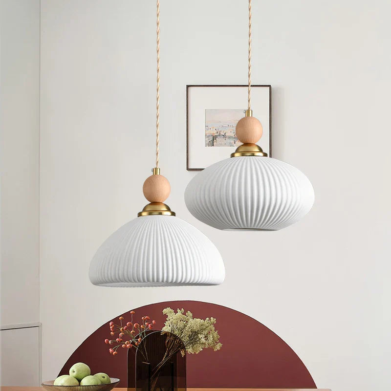 White Ceramic LED Pendant Lamp Copper Modern Wood Nordic Hanging Lights