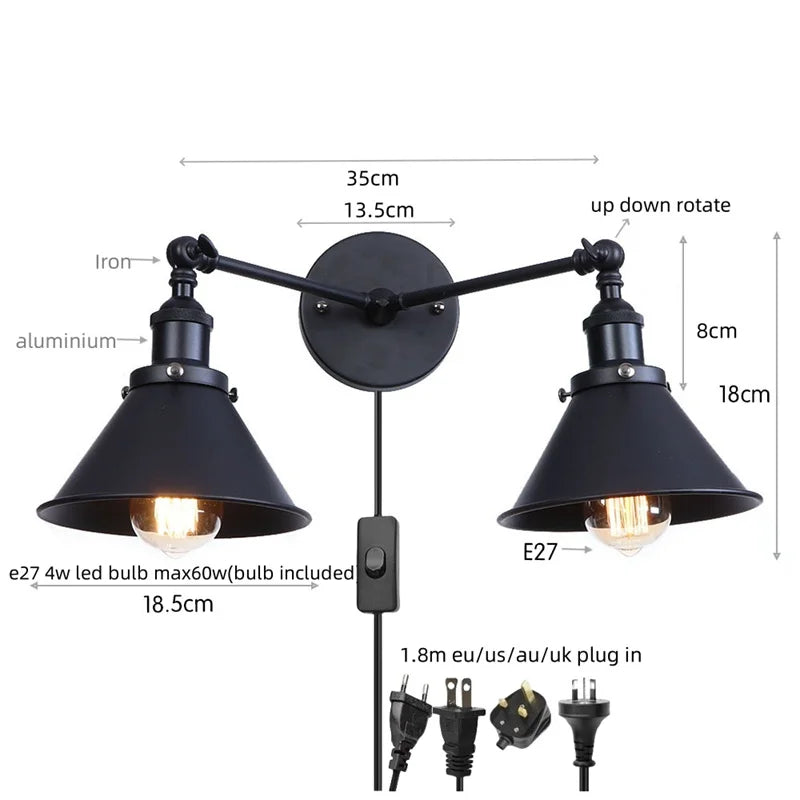 Loft Plug In LED Wall Lights 2 Heads Industrial Aplique Pared