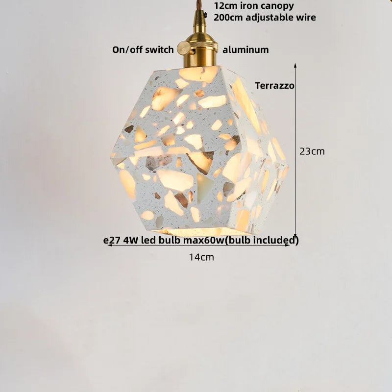 Terrazzo Stone Glass Pendant Light Fixture Wood Knob Switch LED Hang Lamp