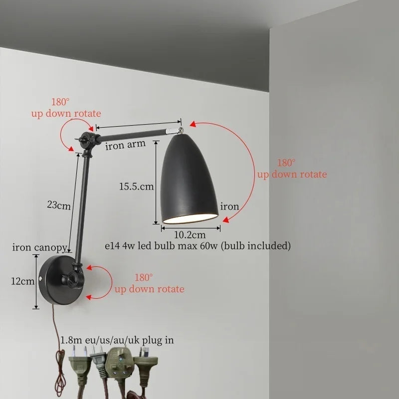 Afralia™ Swing Long Arm Iron Art LED Wall Light - Nordic Minimalism Bedroom Living Room Lampara Pared