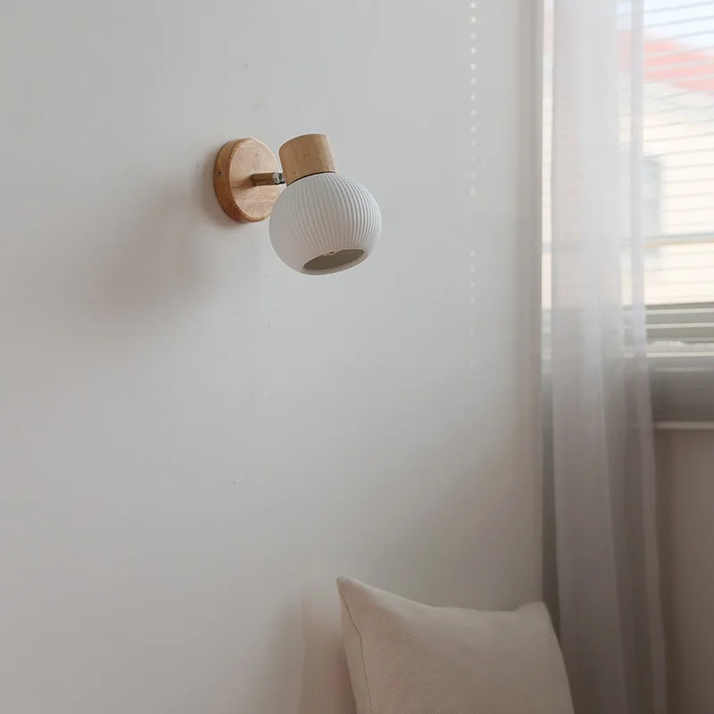 Ceramic LED Wall Lights with Pull Chain Switch, Modern Wood Base Bedside Lamp