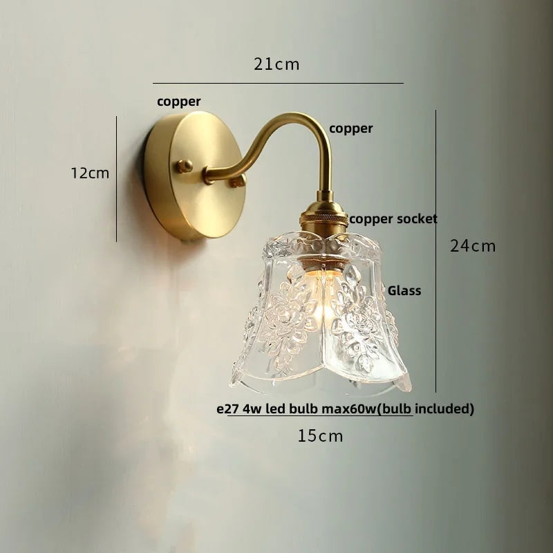 Clear Glass LED Wall Sconce Pull Chain Switch Modern Copper Bedside Lamp