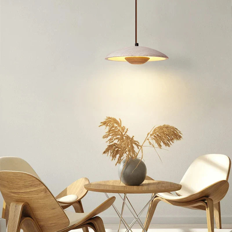 Wood Stone LED Pendant Lights Yellow Travertine Hanging Lamp for Living Room