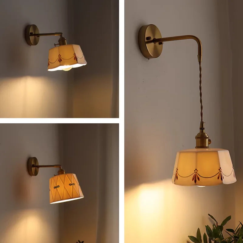 Ceramic Brass LED Wall Light Fixture Pull Chain Switch Bedside Sconce