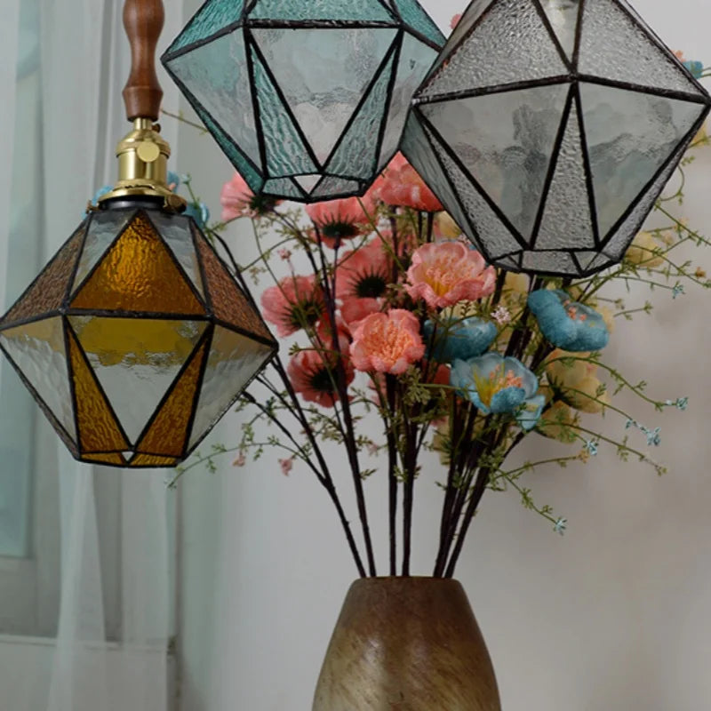 Brass Vintage LED Pendant Light Fixture Walnut Wood Glass Dining Room Lights