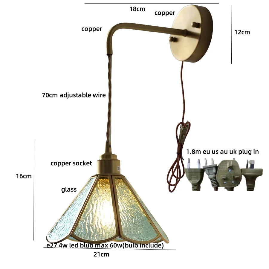 Blue Glass LED Wall Sconce Pull Chain Switch Staircase Tiffany Style Mirror Light