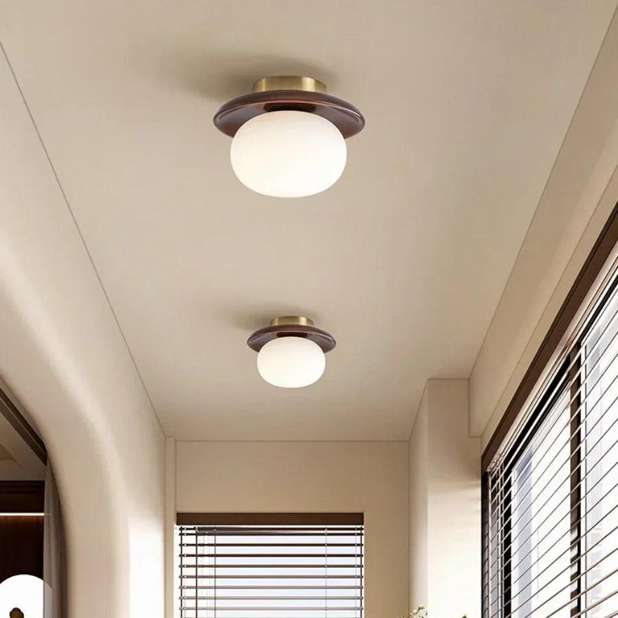White Glass LED Ceiling Light Fixture with Wood Copper Canopy