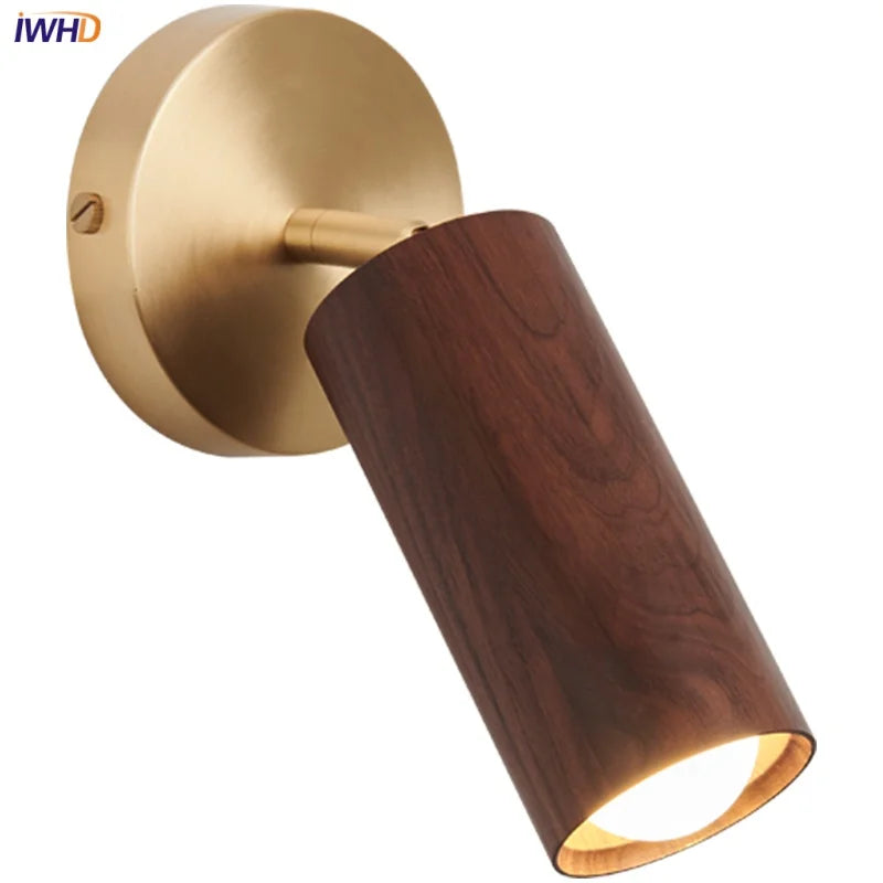 Wood Nordic LED Wall Light - Modern Copper Canopy Bedside Lamp