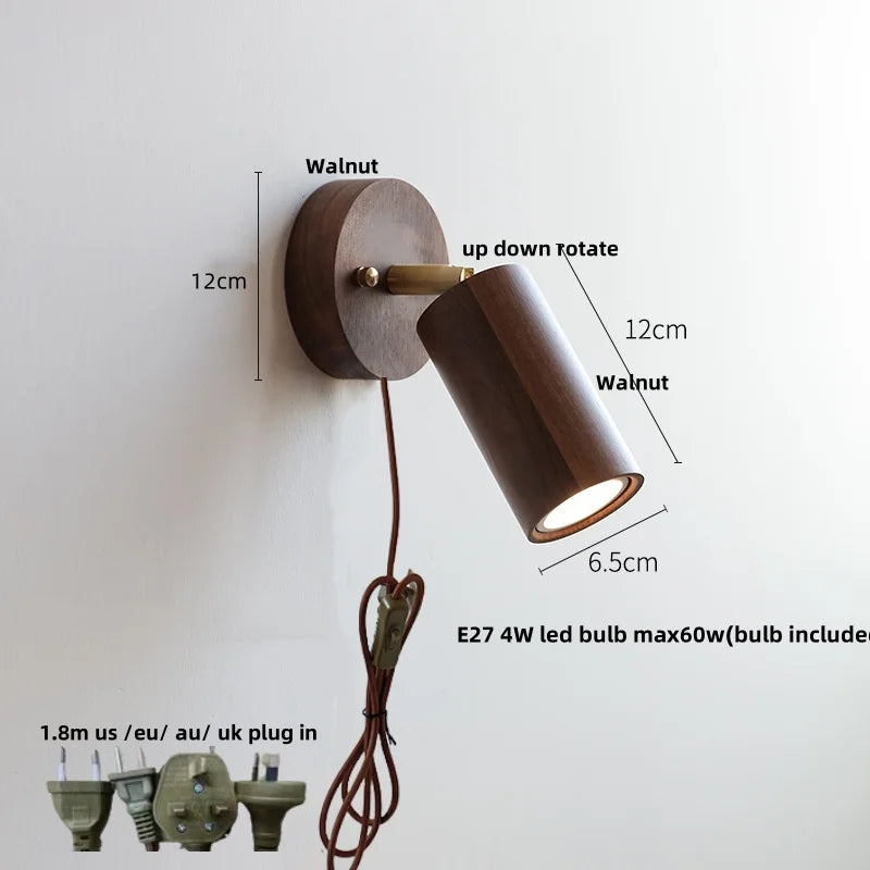 Nordic LED Wall Lamp Rotate Walnut Pull Chain Switch Mirror Light