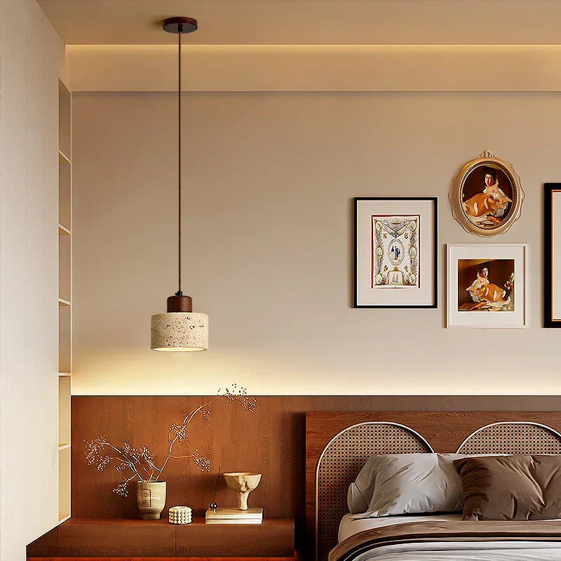 LED Pendant Light: Modern Nordic Wood Canopy Yellow Travertine Luminaire