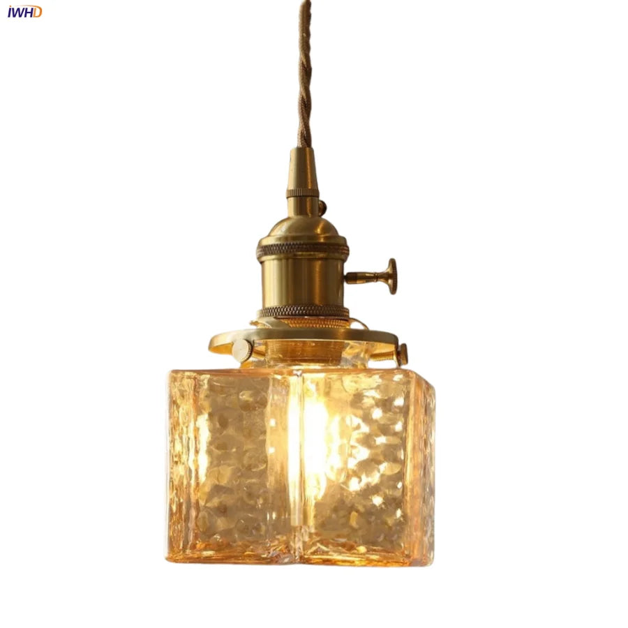 Afralia™ Amber Glass Cube LED Pendant Lights, Japanese Style for Kitchen, Bedroom, Coffee.