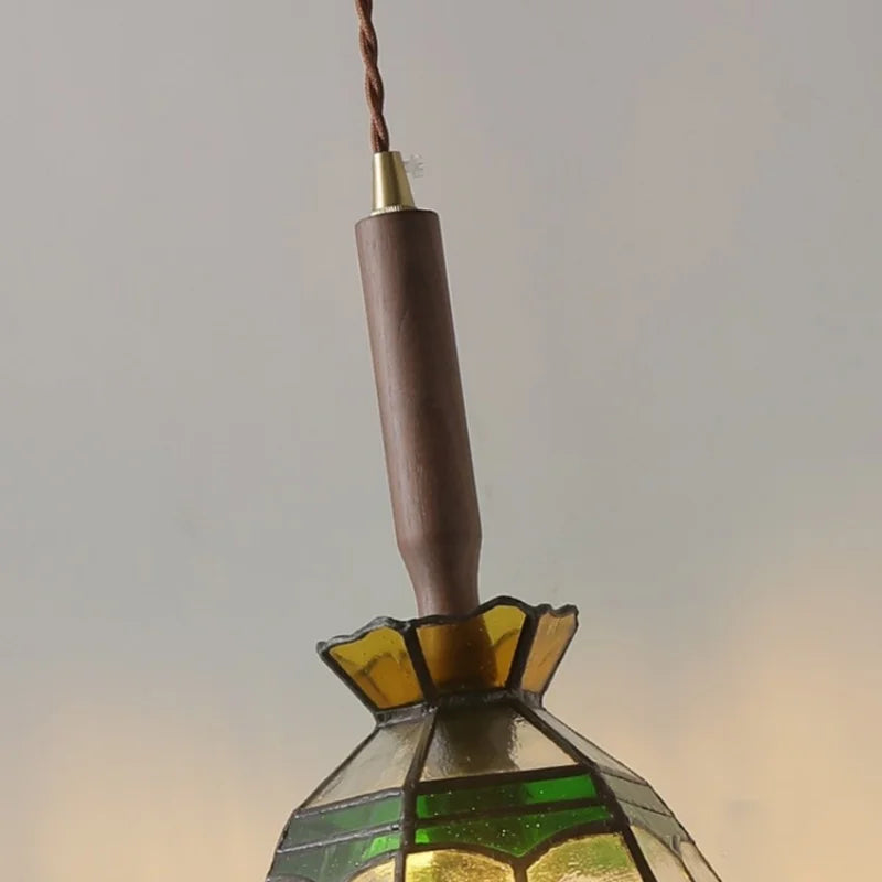 Tiffany Style Glass LED Pendant Lights with Walnut Wood and Adjustable Wire