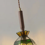 Tiffany Style Glass LED Pendant Lights with Walnut Wood and Adjustable Wire