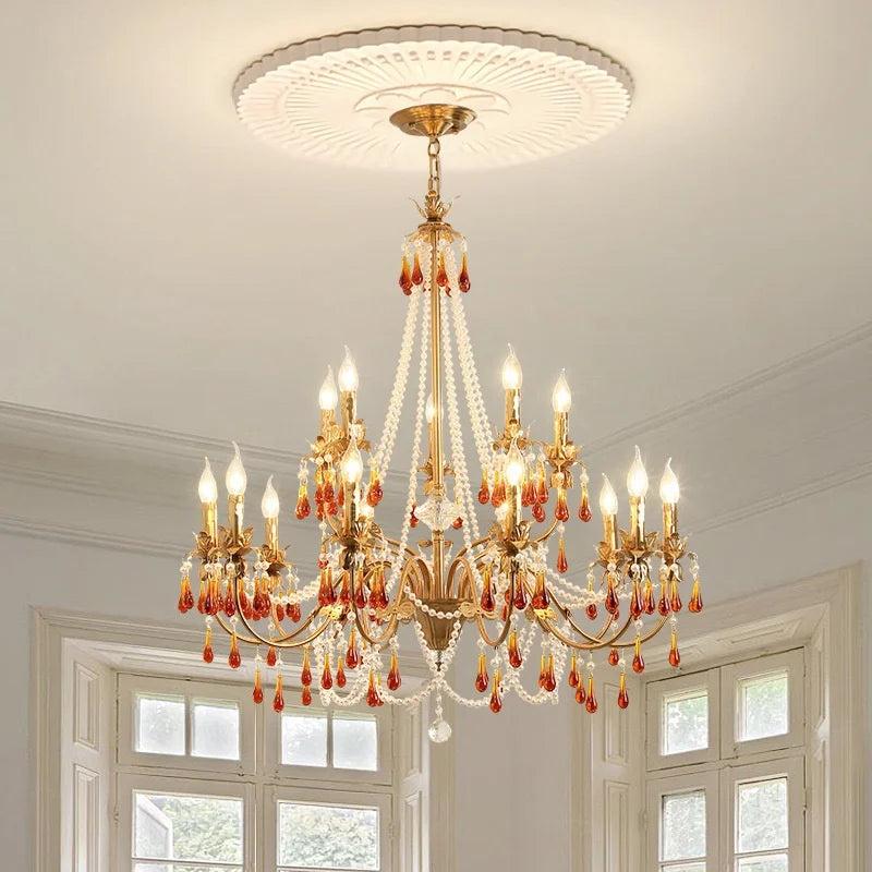 Luxury Red Crystal Candle Chandelier LED Pendant Light - Copper E14 Glamourizing Luminarias