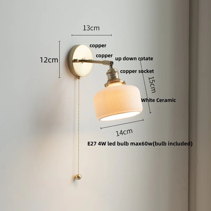 Ceramic Copper LED Wall Sconce Pull Chain Switch Reading Room Bedside Lamp