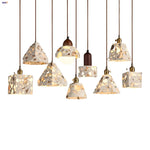 Terrazzo Stone Glass Pendant Light Fixture Wood Knob Switch LED Hang Lamp