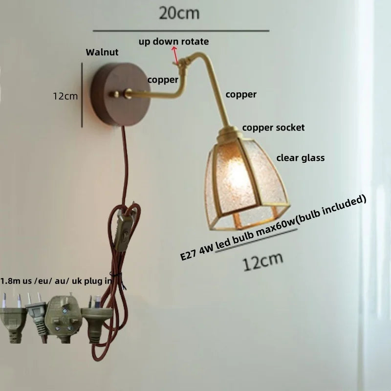 Clear Glass LED Wall Sconce Pull Chain Switch Rotate Arm Walnut Wood Stair Light