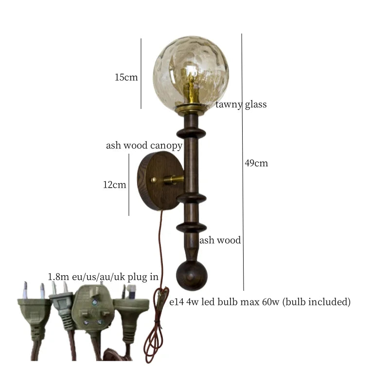 Afralia™ Tawny Glass LED Wall Sconce - Vintage Ash Wood Wandlamp