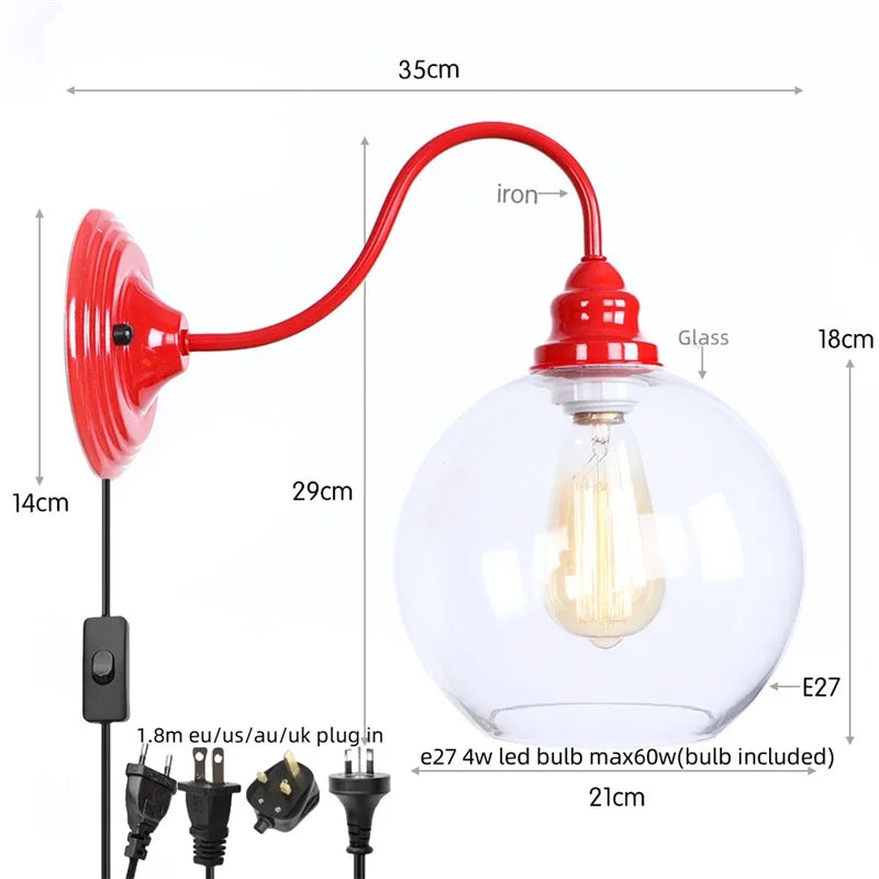 Afralia™ Edison Red LED Wall Lights - Iron Industrial Vintage Bedside Lamp