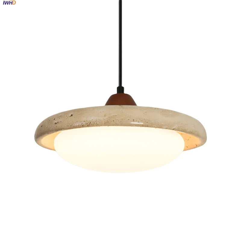 Yellow Travertine LED Pendant Light: Modern Nordic Hang Lamp with White Glass