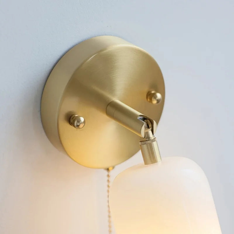 Walnut Wood LED Wall Lights Bedroom Copper Rotate Glass Pull Chain Switch
