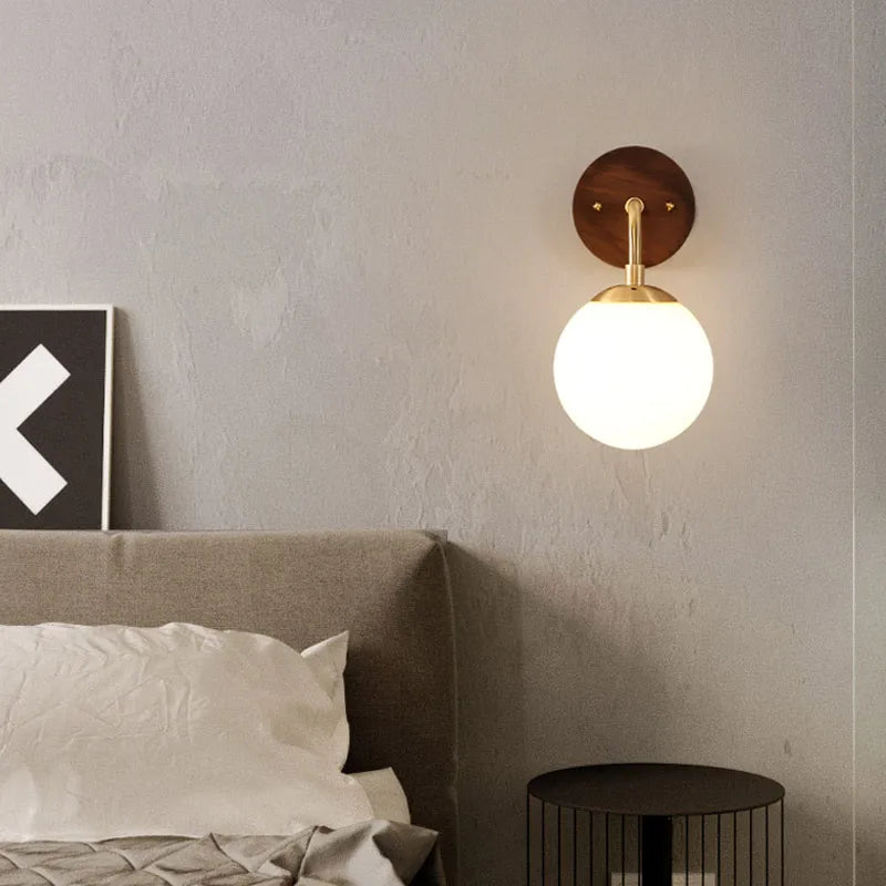 Afralia™ Walnut Wood Glass Wall Light Fixture for Home Decor, Modern Nordic Design