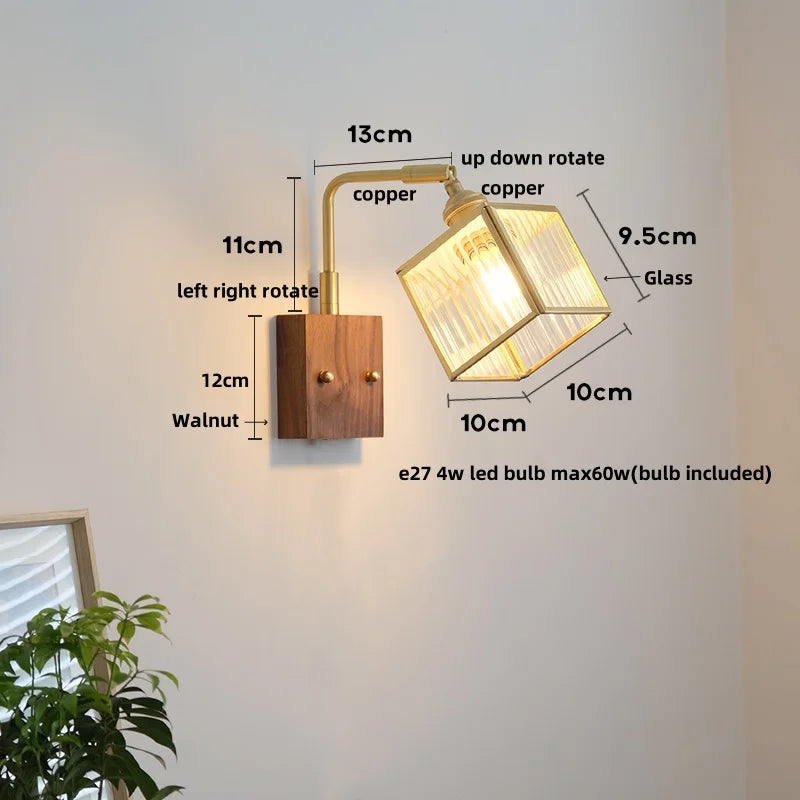 Wood Cube Glass LED Wall Lights with Pull Chain Switch for Modern Interiors