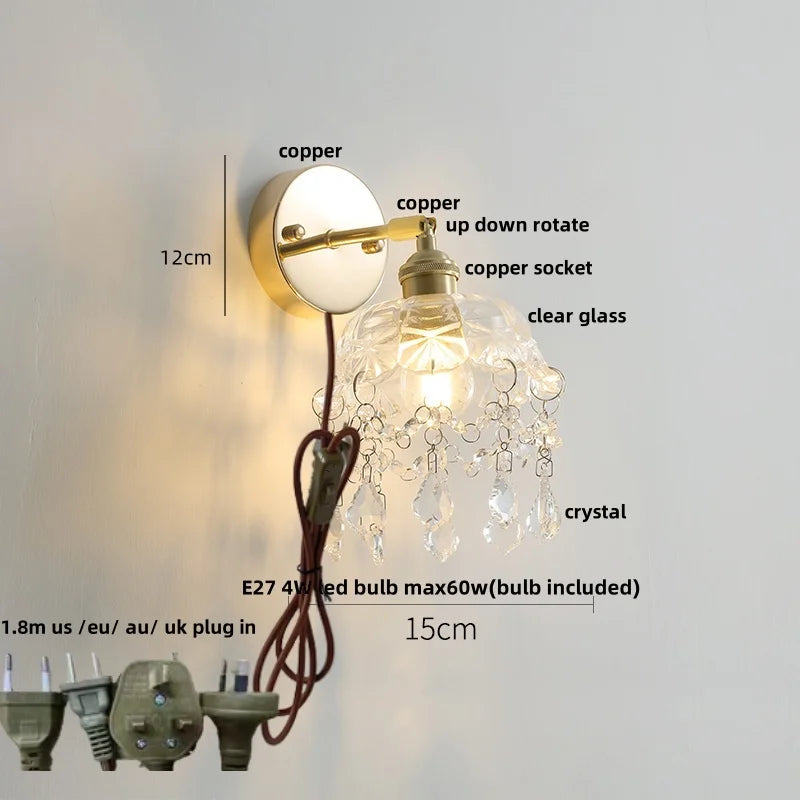 Rotatable LED Wall Sconce Clear Glass Reading Lamp with Pull Chain Switch