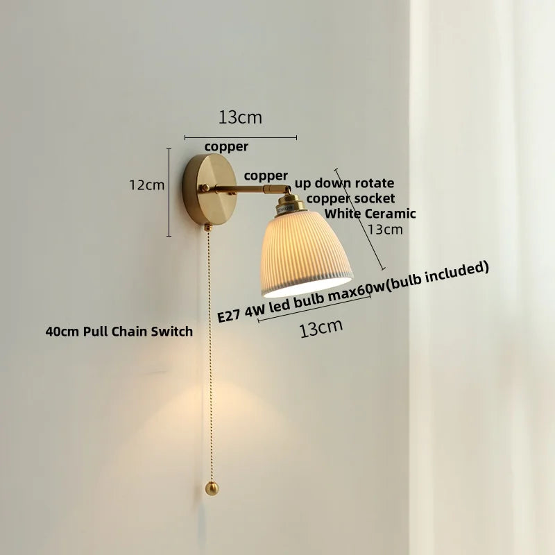 Ceramic LED Wall Light with Pull Chain Switch, Nordic Modern Design